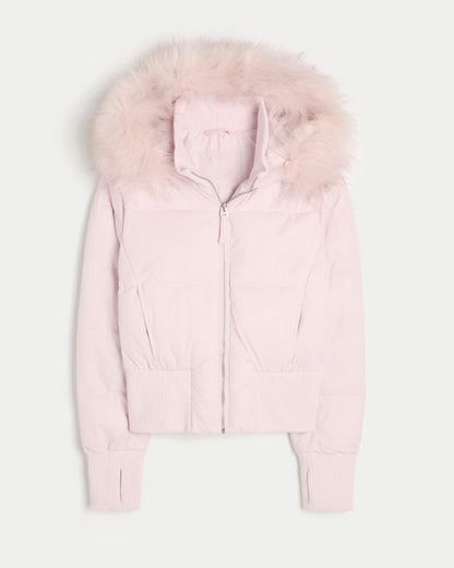 Damen Kurze Steppjacke mit Fellkapuze Frontreißverschluss und langen Ärmeln