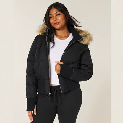 Damen Kurze Steppjacke mit Fellkapuze Frontreißverschluss und langen Ärmeln