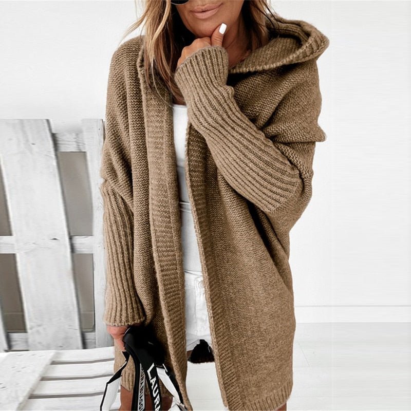 Thea | Damen lange Strickjacke mit Kapuze