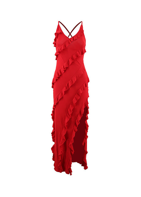 Damen Maxikleid mit V-Ausschnitt dünnen Trägern und diagonalen Rüschendetails