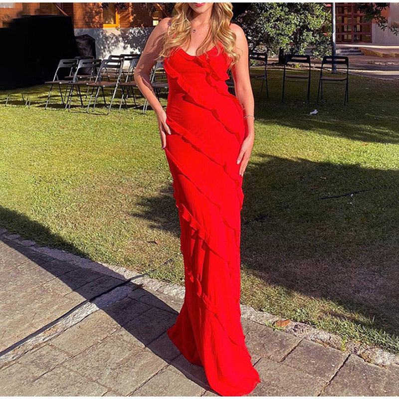 Damen Maxikleid mit V-Ausschnitt dünnen Trägern und diagonalen Rüschendetails