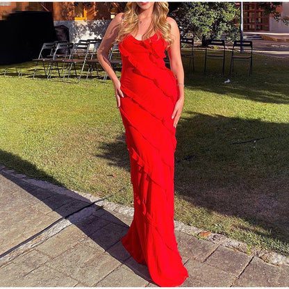 Damen Maxikleid mit V-Ausschnitt dünnen Trägern und diagonalen Rüschendetails