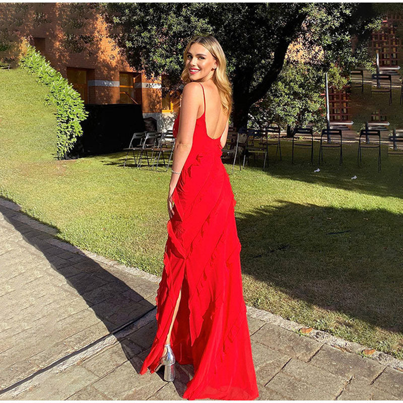 Damen Maxikleid mit V-Ausschnitt dünnen Trägern und diagonalen Rüschendetails