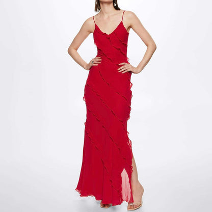 Damen Maxikleid mit V-Ausschnitt dünnen Trägern und diagonalen Rüschendetails