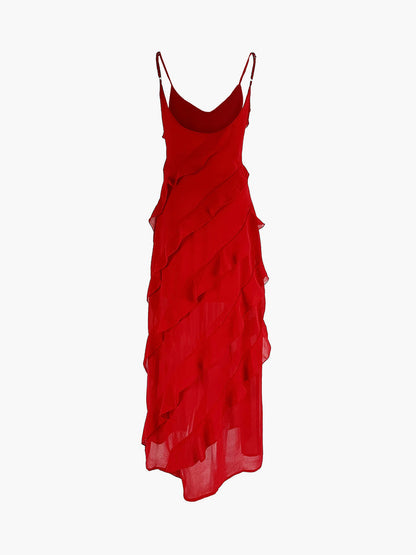 Damen Maxikleid mit V-Ausschnitt dünnen Trägern und diagonalen Rüschendetails