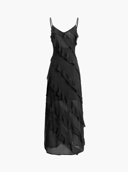 Damen Maxikleid mit V-Ausschnitt dünnen Trägern und diagonalen Rüschendetails