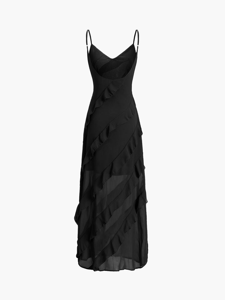 Damen Maxikleid mit V-Ausschnitt dünnen Trägern und diagonalen Rüschendetails