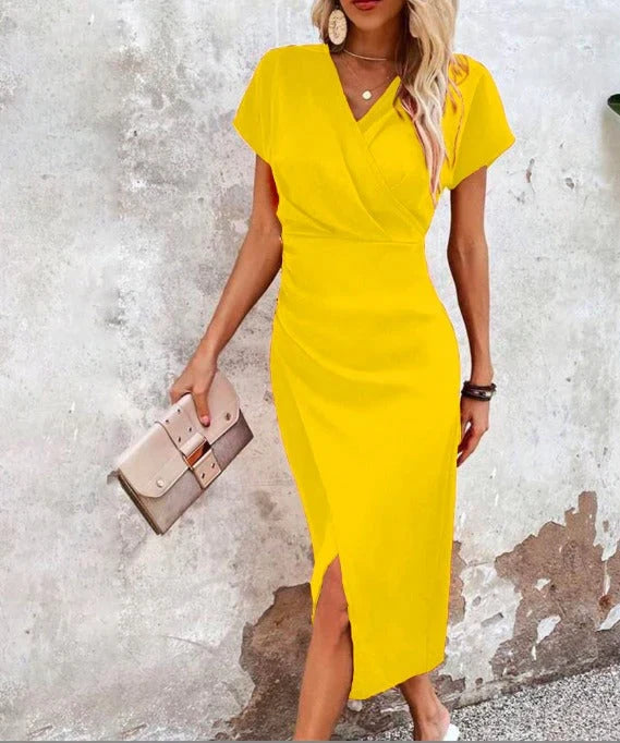 Damen Midi-Kleid mit V-Ausschnitt und Kurzärmeln mit Vorderschlitz