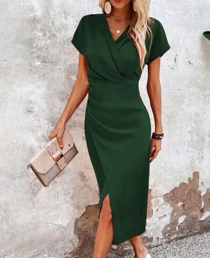 Damen Midi-Kleid mit V-Ausschnitt und Kurzärmeln mit Vorderschlitz