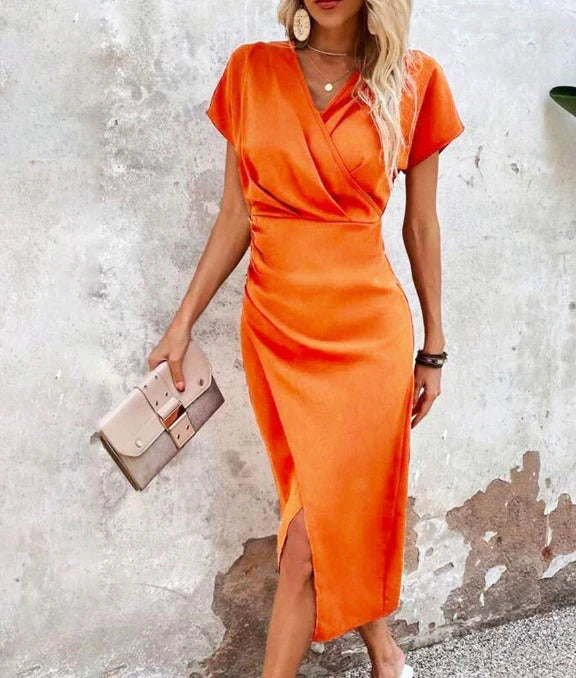 Damen Midi-Kleid mit V-Ausschnitt und Kurzärmeln mit Vorderschlitz