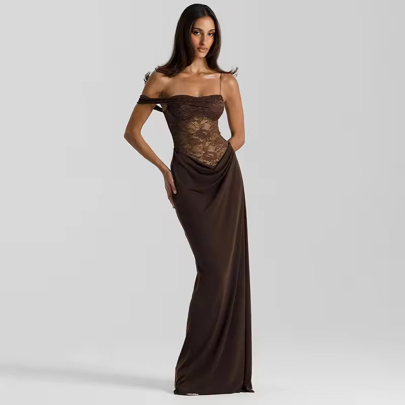 Damen Off-Shoulder Maxikleid mit strukturiertem halbtransparentem Oberteil und gerafftem Rockteil