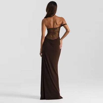 Damen Off-Shoulder Maxikleid mit strukturiertem halbtransparentem Oberteil und gerafftem Rockteil