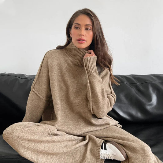 Damen Rollkragenpullover und Weite Hose Set mit Langen Ärmeln