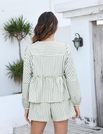 Damen Set für Frauen mit Streifenmuster Puffärmeln und kurzer Hose