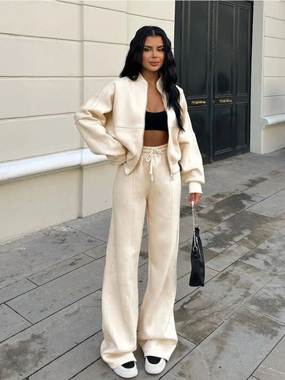 Damen Set Jogginganzug mit Reißverschluss Oberteil und Elastischer Hose und Kordelzug