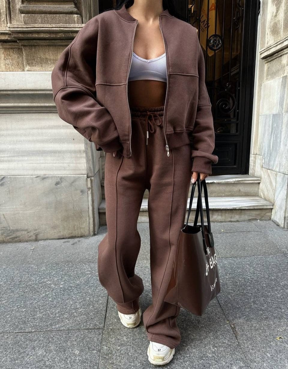 Damen Set Jogginganzug mit Reißverschluss Oberteil und Elastischer Hose und Kordelzug