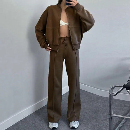 Damen Set Jogginganzug mit Reißverschluss Oberteil und Elastischer Hose und Kordelzug