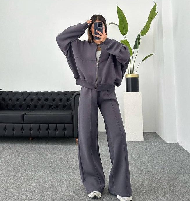 Damen Set Jogginganzug mit Reißverschluss Oberteil und Elastischer Hose und Kordelzug