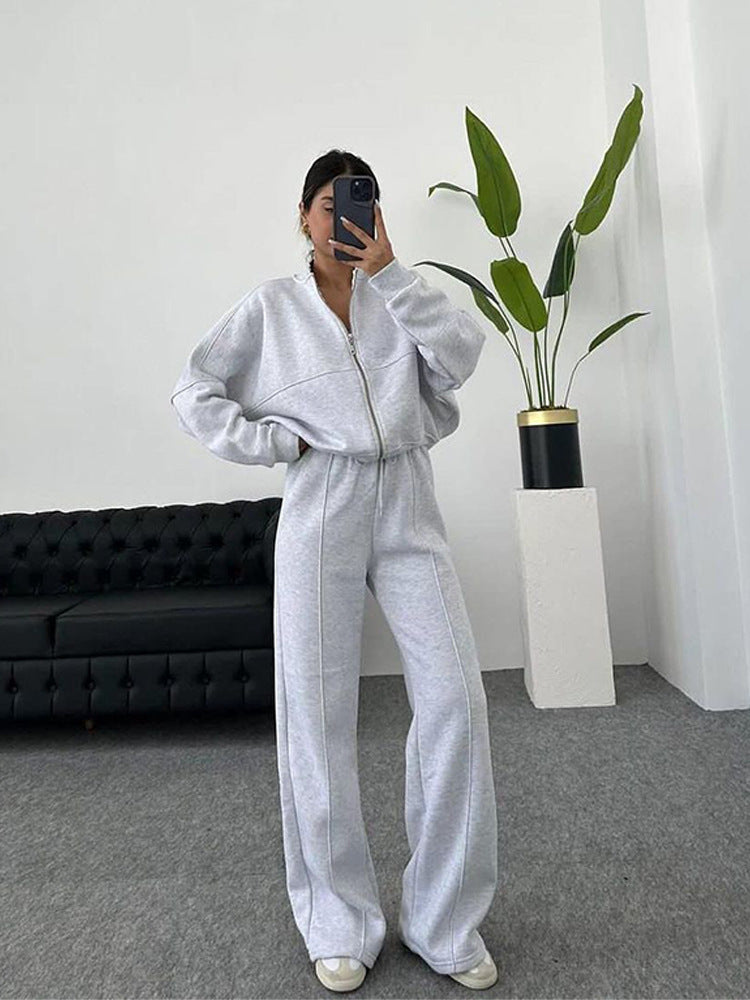 Damen Set Jogginganzug mit Reißverschluss Oberteil und Elastischer Hose und Kordelzug