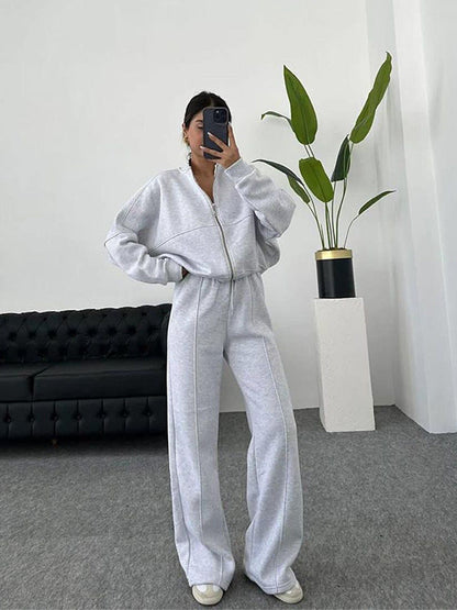 Damen Set Jogginganzug mit Reißverschluss Oberteil und Elastischer Hose und Kordelzug