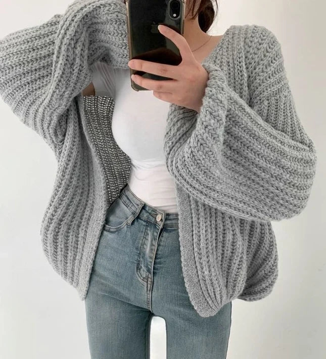 Damen Strickjacke mit offener Front langen Ärmeln und Grobstrickoberfläche