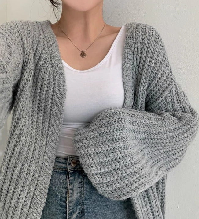 Damen Strickjacke mit offener Front langen Ärmeln und Grobstrickoberfläche