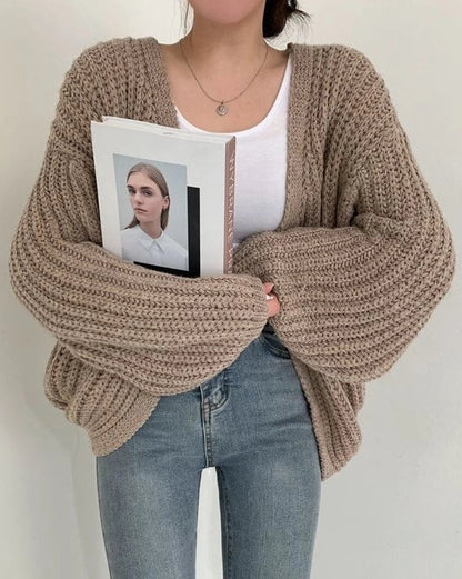 Damen Strickjacke mit offener Front langen Ärmeln und Grobstrickoberfläche
