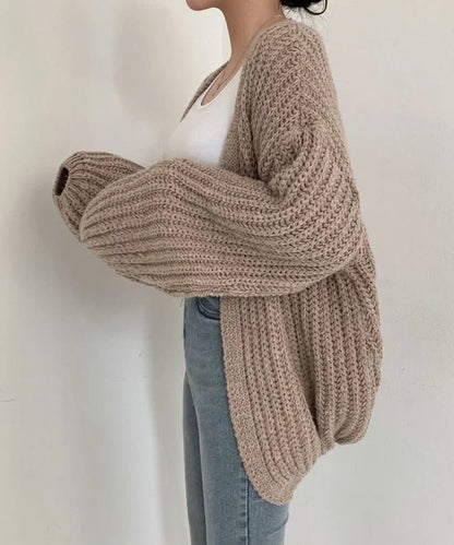 Damen Strickjacke mit offener Front langen Ärmeln und Grobstrickoberfläche
