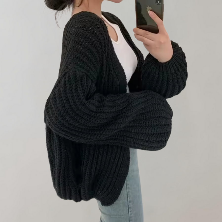 Damen Strickjacke mit offener Front langen Ärmeln und Grobstrickoberfläche