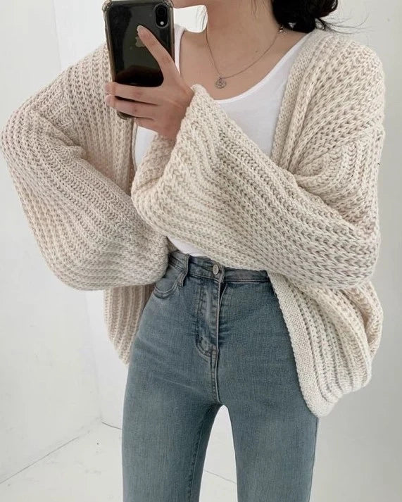 Damen Strickjacke mit offener Front langen Ärmeln und Grobstrickoberfläche
