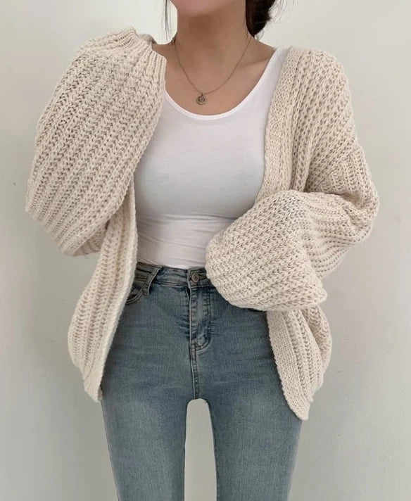 Damen Strickjacke mit offener Front langen Ärmeln und Grobstrickoberfläche