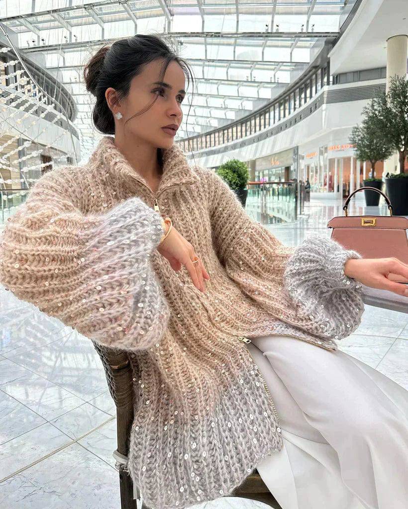 Damen Strickjacke mit Reißverschluss und Stehkragen sowie Paillettenbesatz