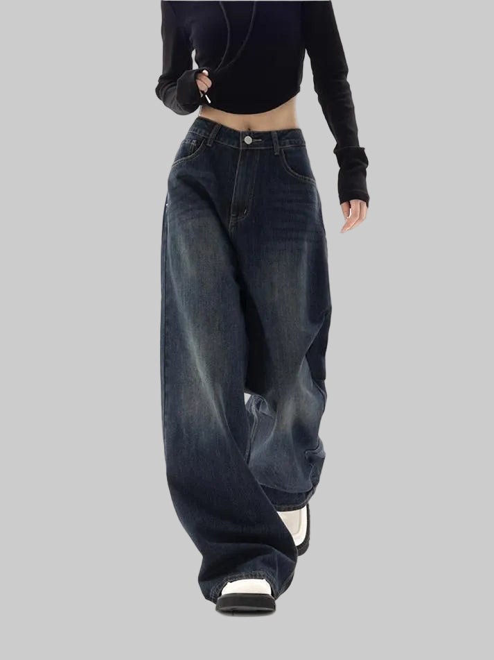 Damen Weite Hose aus Denim mit Mittlerer Bundhöhe Knopfverschluss und Vordertaschen