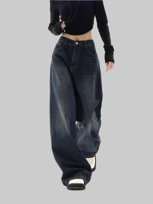Damen Weite Hose aus Denim mit Mittlerer Bundhöhe Knopfverschluss und Vordertaschen