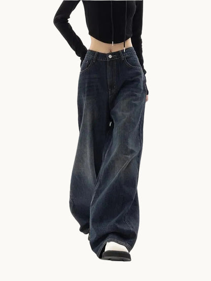 Damen Weite Hose aus Denim mit Mittlerer Bundhöhe Knopfverschluss und Vordertaschen