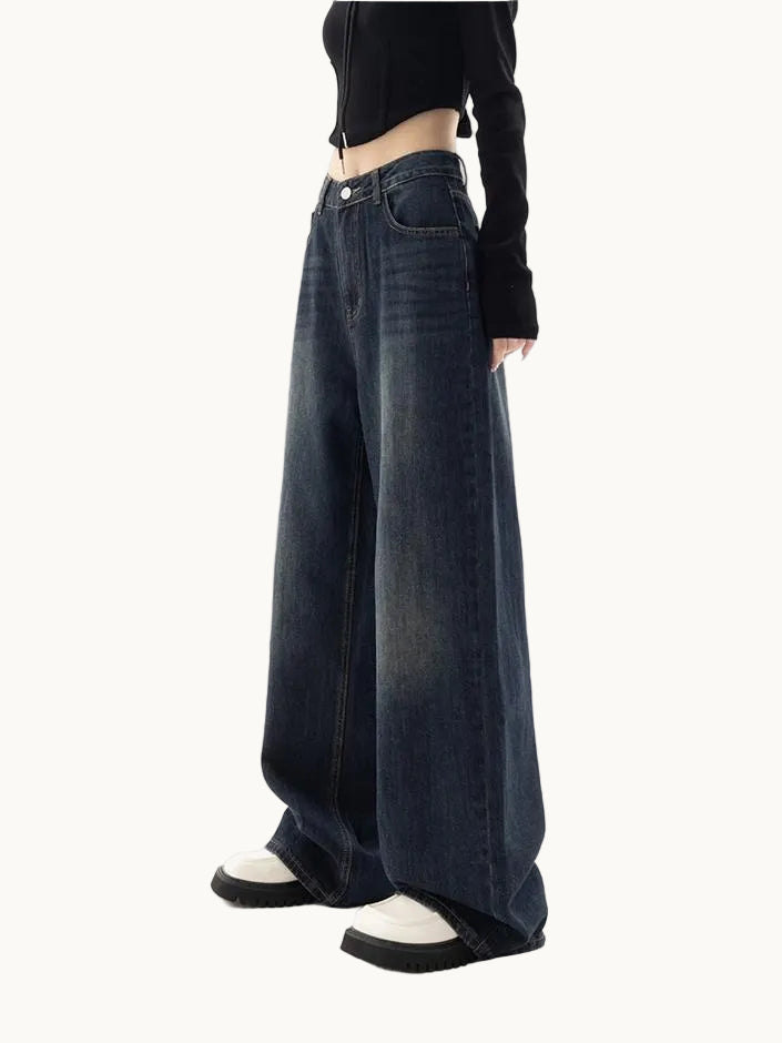 Damen Weite Hose aus Denim mit Mittlerer Bundhöhe Knopfverschluss und Vordertaschen