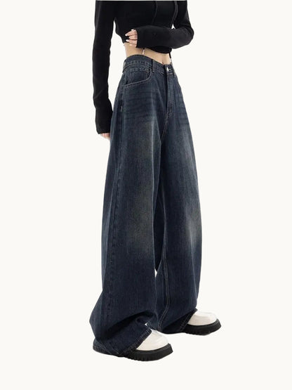 Damen Weite Hose aus Denim mit Mittlerer Bundhöhe Knopfverschluss und Vordertaschen