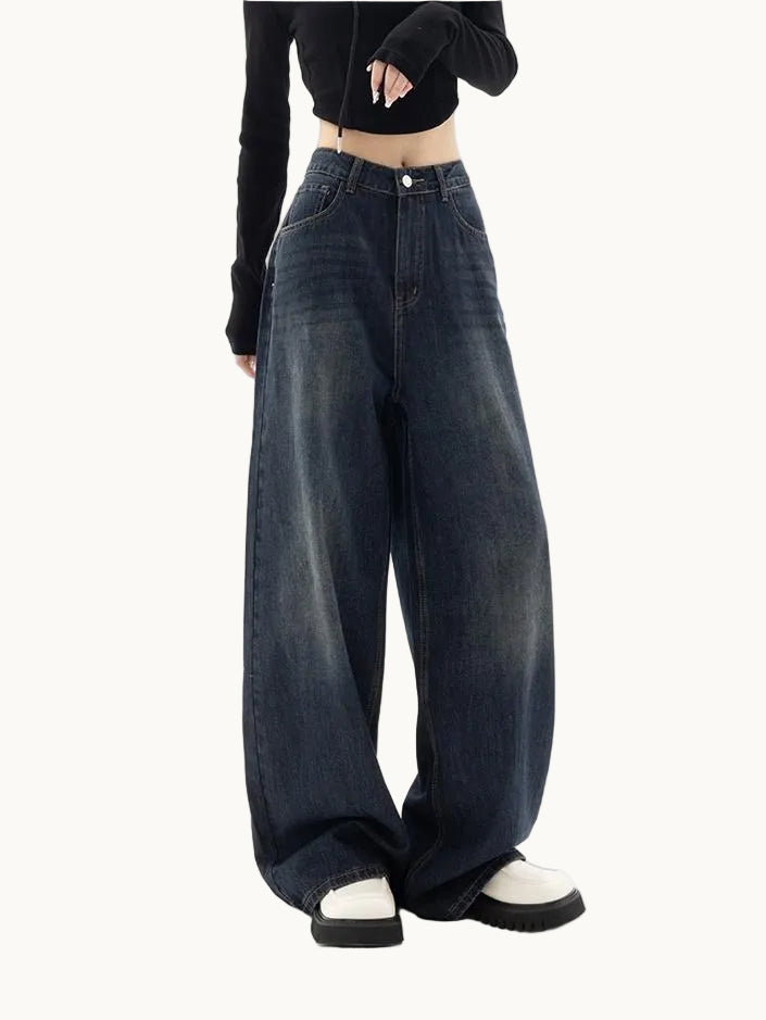 Damen Weite Hose aus Denim mit Mittlerer Bundhöhe Knopfverschluss und Vordertaschen
