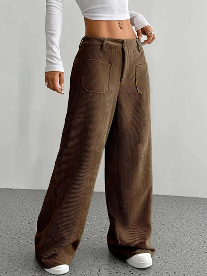 Damen Weite Hose mit Hohem Bund Knopfverschluss und Aufgesetzten Taschen