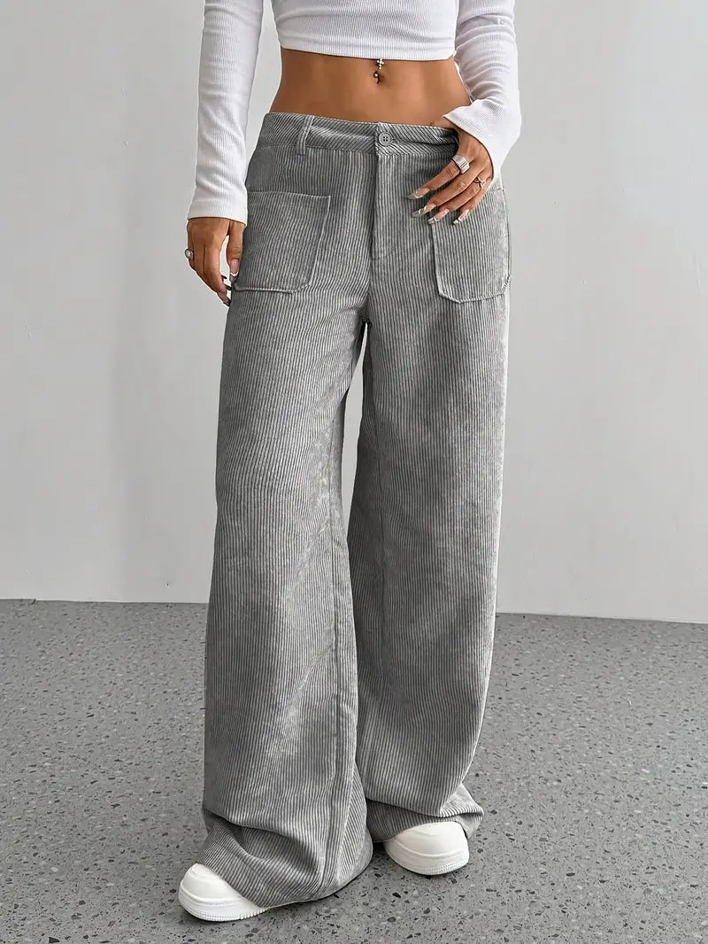 Damen Weite Hose mit Hohem Bund Knopfverschluss und Aufgesetzten Taschen