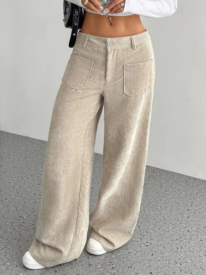 Damen Weite Hose mit Hohem Bund Knopfverschluss und Aufgesetzten Taschen