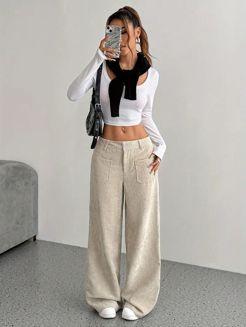Damen Weite Hose mit Hohem Bund Knopfverschluss und Aufgesetzten Taschen