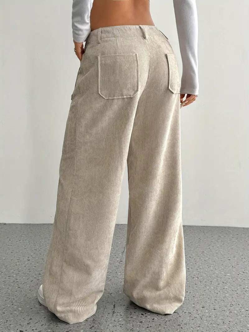 Damen Weite Hose mit Hohem Bund Knopfverschluss und Aufgesetzten Taschen