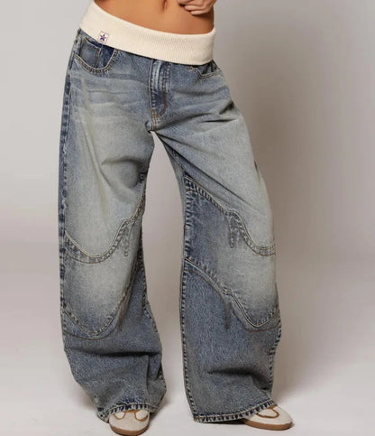 Damen Weite Hose mit Kontrastbund und geschwungenen Ziernähten