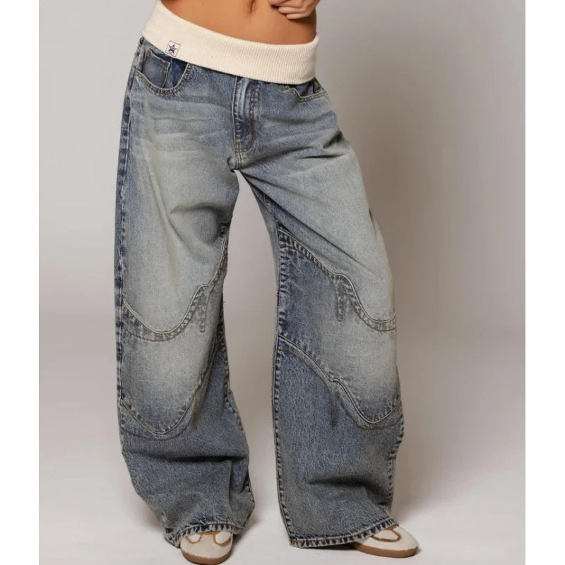 Damen Weite Hose mit Kontrastbund und geschwungenen Ziernähten