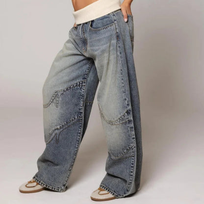 Damen Weite Hose mit Kontrastbund und geschwungenen Ziernähten