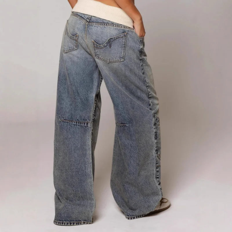 Damen Weite Hose mit Kontrastbund und geschwungenen Ziernähten