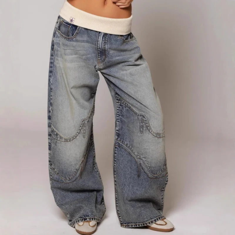 Damen Weite Hose mit Kontrastbund und geschwungenen Ziernähten