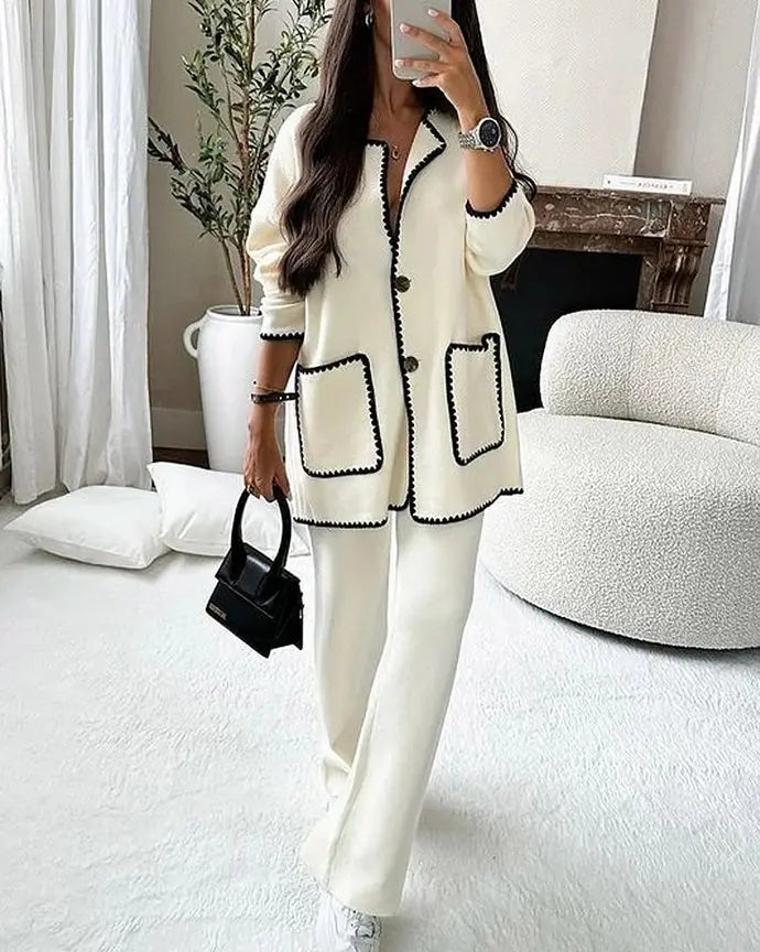 Damen Zweiteiliges Set mit Knopfjacke Kontrastbesatz Aufgesetzten Taschen und Weiter Hose