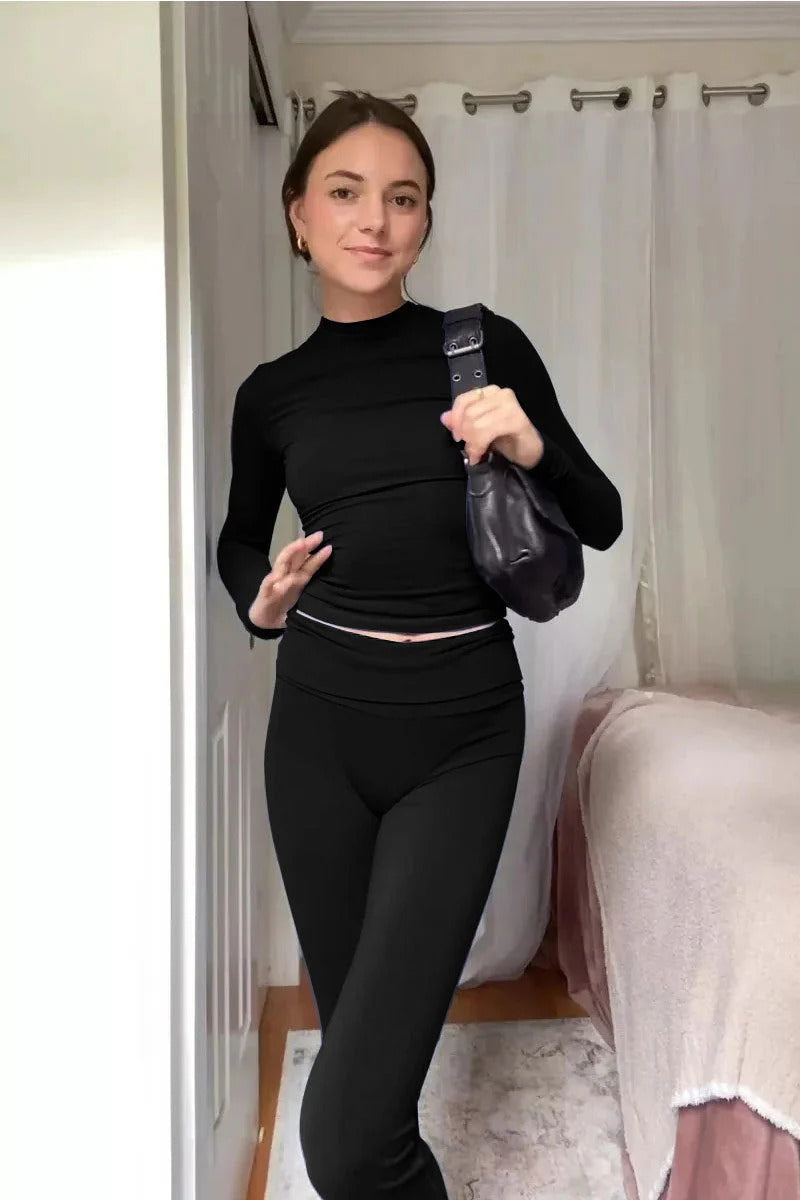 Damen Zweiteiliges Set mit Langarm-Crop-Top Rundhalsausschnitt und Schlaghose mit hohem Bund